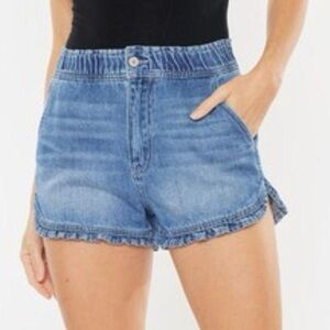 KANCAN HIGH-RISE RUFFLE HEM DENIM SHORTS in EUC size Large